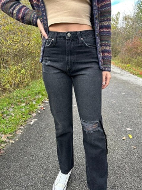 High Rise Distressed Black Denim